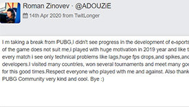 独联体名将ADOUZiE发文暂别PUBG职业赛场
