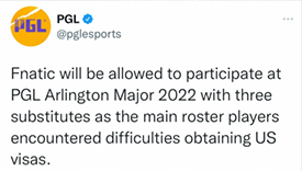 三名选手签证遭拒 PGL允许Fnatic使用替补参加Major